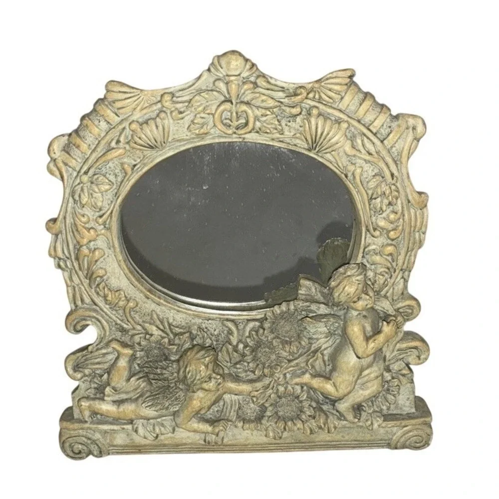Vintage Cherubs Table Mirror Picture Frame Resin 7.5x7.5